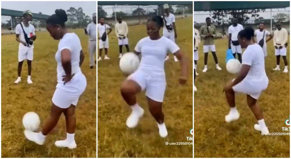Photos of a female corps member playing football.