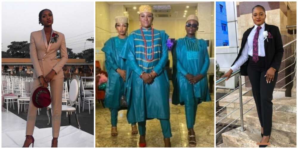 Photos of ladies in agbada and tuxedos.