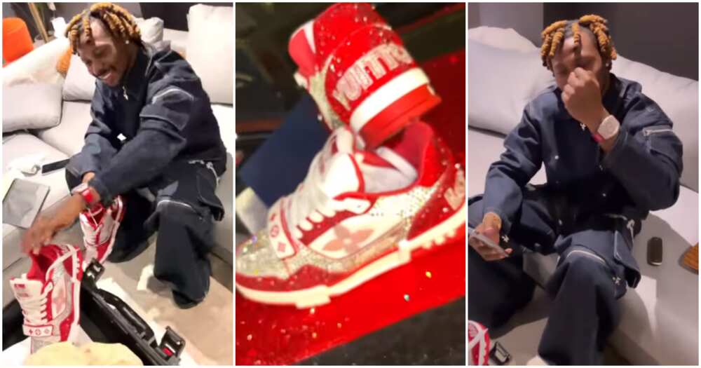 Asake gifted diamond shoes and wristwatch by rich fan ahead of London O2 Arena show. Asake gifted diamond shoes and wristwatch by rich fan ahead of London O2 Arena show.