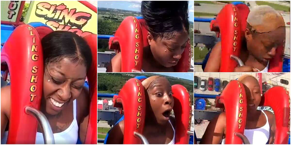 Hilarious video shows cute lady screaming in a rollercoaster as wind blows her wig away, stirs reactions