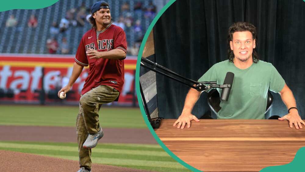 Theo Von throwing pitch (L). The podcaster hosting a podcast (R)
