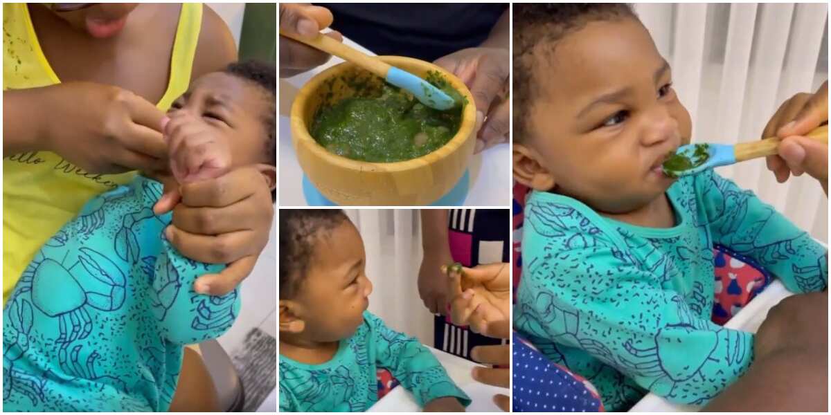 Nigerian couple 'force' their kid to eat Amala for breakfast, video goes viral as many drag the parents