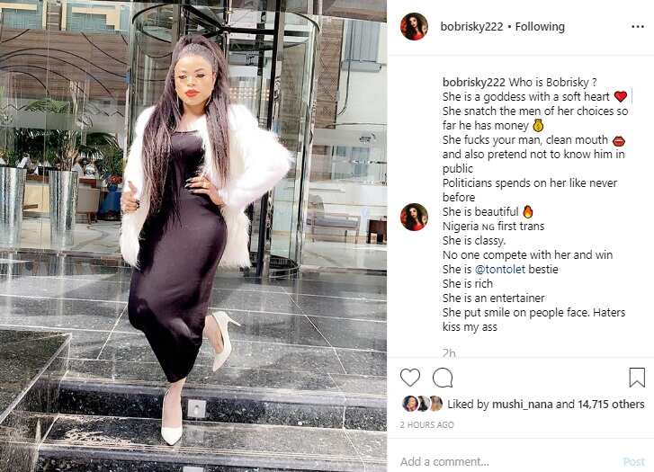 Bobrisky refers to himself as Nigeria's first transgender