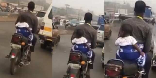 Okada man seen cruising on his bike with his baby on his back