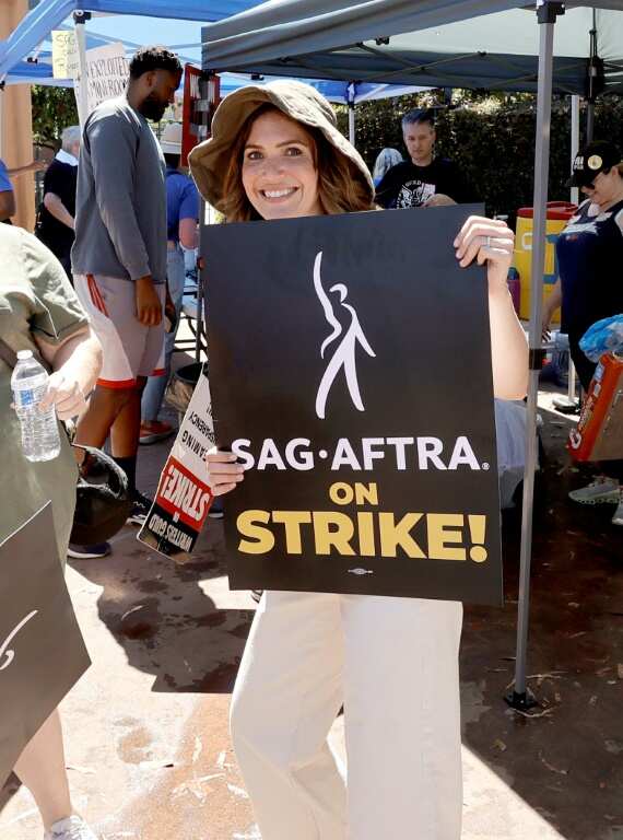 Actress Mandy Moored joins SAG-AFTRA and WGA members on the picket line at The Walt Disney studios