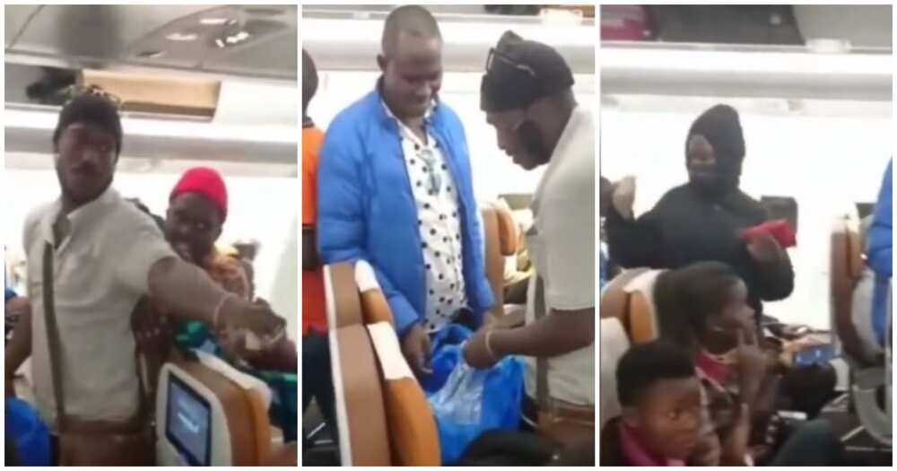 Funny flight moments, man hawks in an aeroplane, man does giveaway in an aeroplane, lady sews cloth with machine in an aeroplane