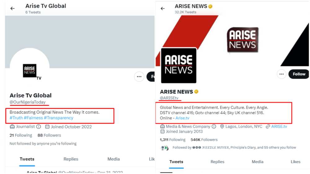 Fake account masquerading as Arise TV