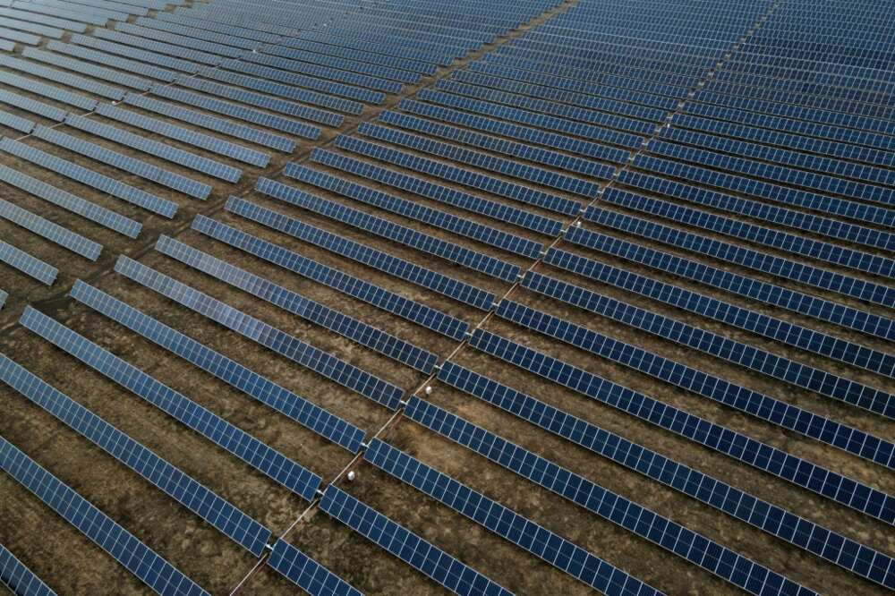 An aerial view of a vast solar-energy installation in Hill County, Texas, on March 1, 2023