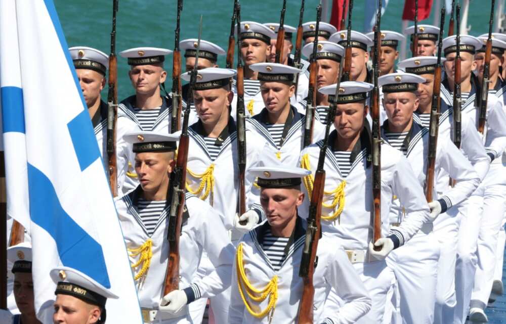 Russian naval sailors march during Russia's Navy Day celebration in Sevastopol in Crimea in 2017