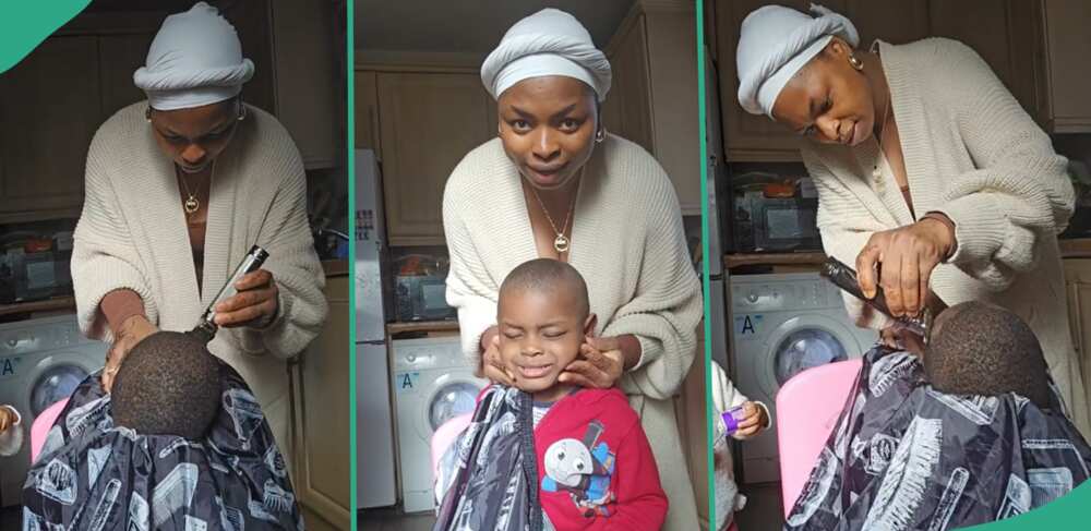 Mother cuts her son's hair herself.