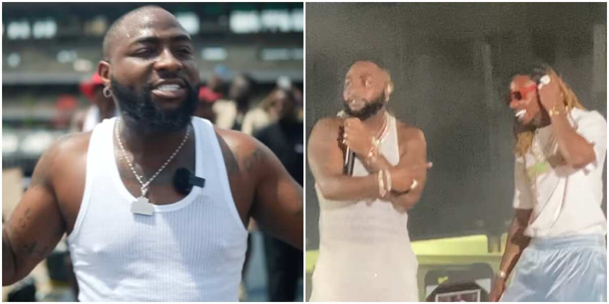 Afrobeats star Davido holds Asake on stage to perform Joha before leaving (Video)