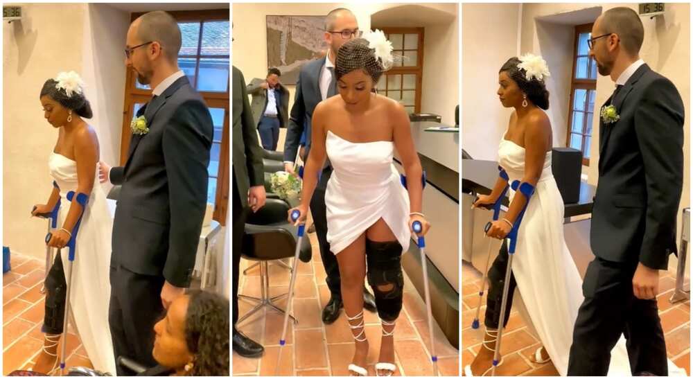 Photos of a lady with walking stick at her wedding.