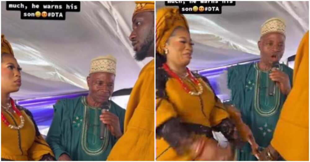 Nigerian dad sternly warns son against maltreating bride, video stirs reactions