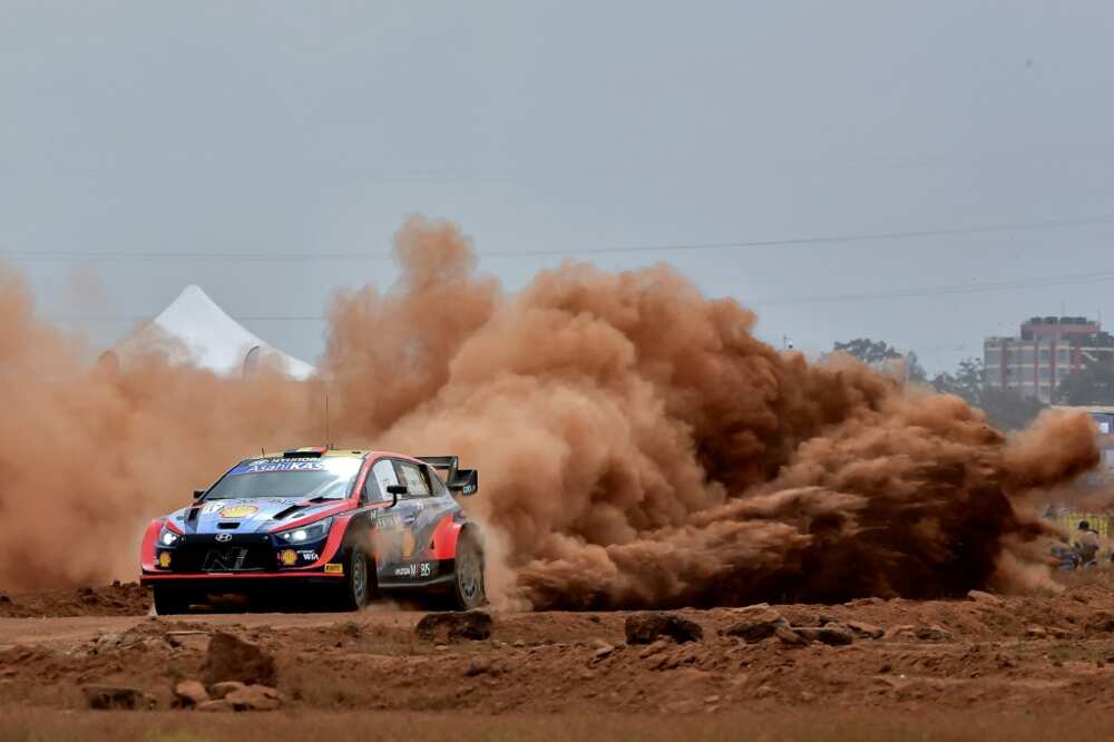 Belgian driver Thierry Neuville kicks up the dirt in his Hyundai on the opening stage of the Safari Rally in Kenya