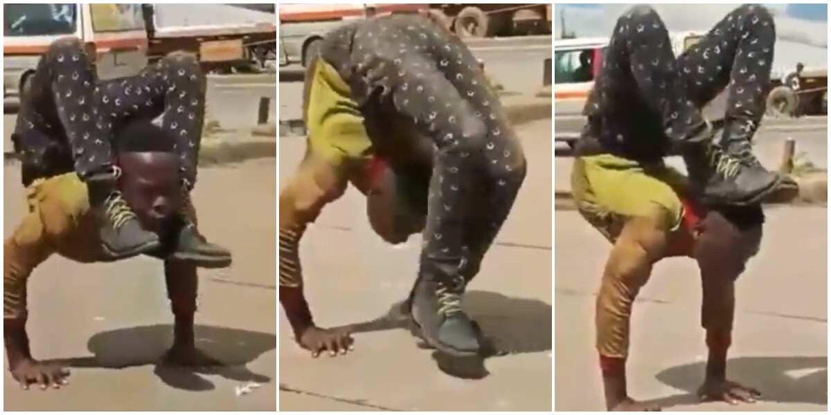 Man twists and folds body into incredible positions, does push-ups with legs on his shoulder in thrilling clip