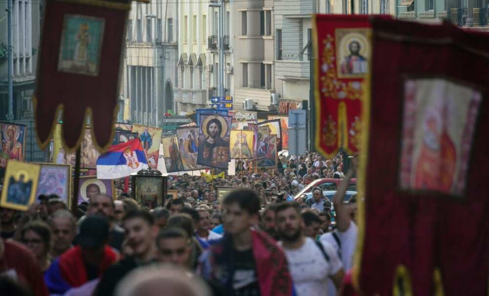 Orthodox Christians march against holding the EuroPride, though Serbian authorities had already cancelled the Pan-European event