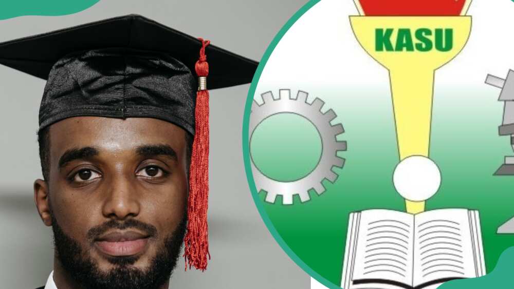 A student wearing a graduation cap (L), Kaduna State University logo (R)