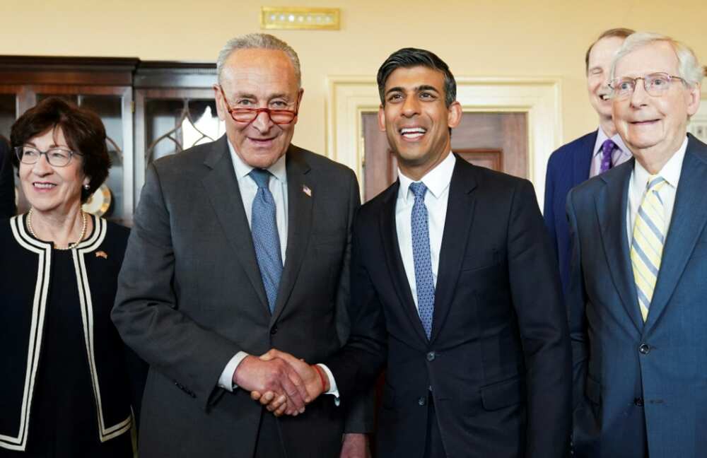 British Prime Minister Rishi Sunak meets with (L-R) Republican Senator Susan Collins, Democratic Senate Majority Leader Chuck Schumer and Republican Senate Minority Leader Mitch McConnell