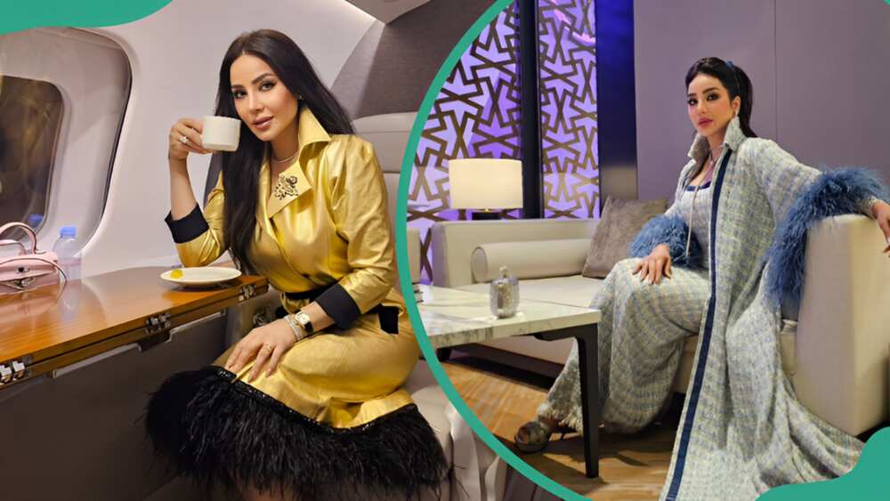 TV presenter Lojain Omran posing with a cup (L) and sitting on a couch (R)
