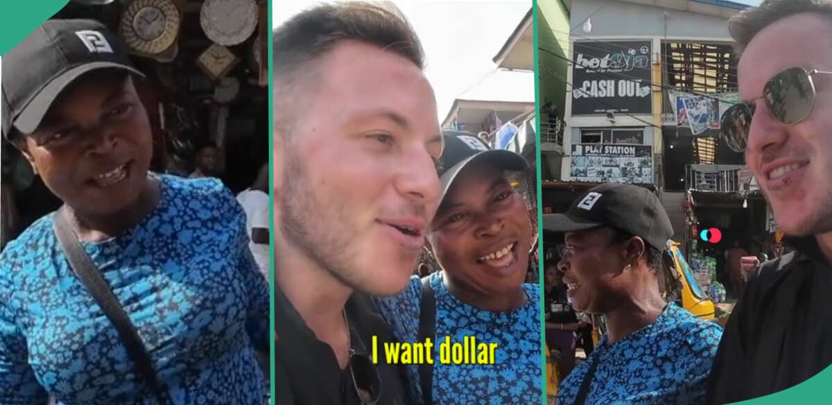 Market woman with children gushes over oyinbo man, begs him to marry her in video