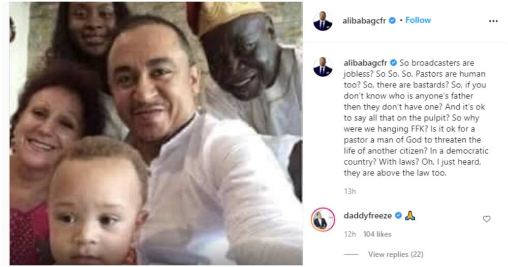 Daddy Freeze vs Pastor Ibiyeomie: Ali Baba pulls up photos of media personality and his parents