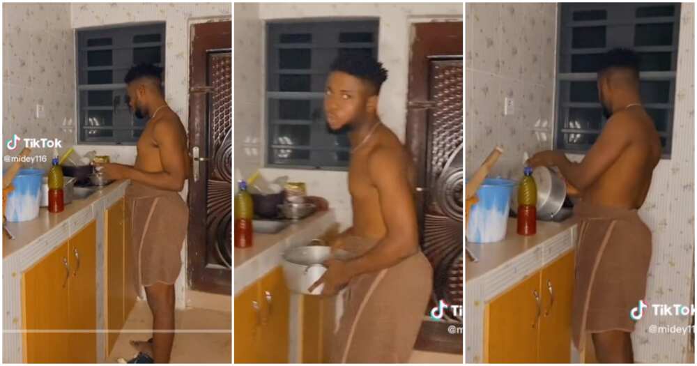 Lady records her boyfriend fumbling in the kitchen