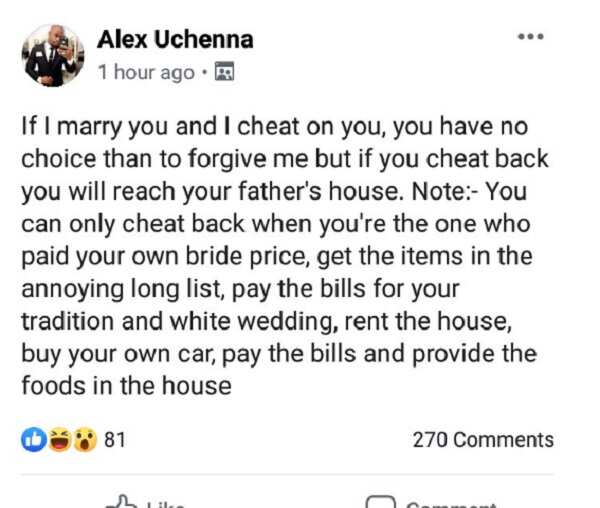 If I marry you and I cheat, you have to forgive but if you cheat back the marriage is over - Nigerian man warns