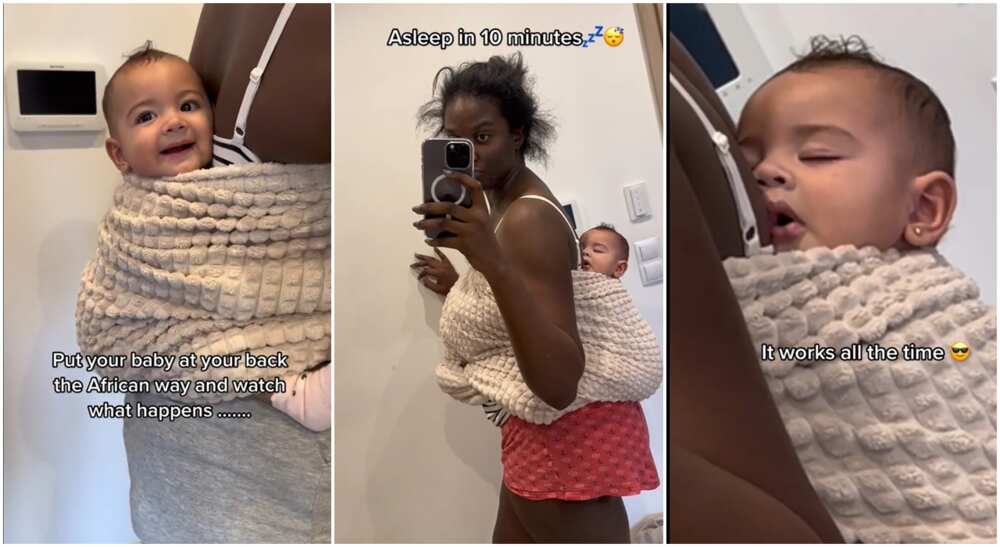 Photos of a mother carrying her baby on her back.