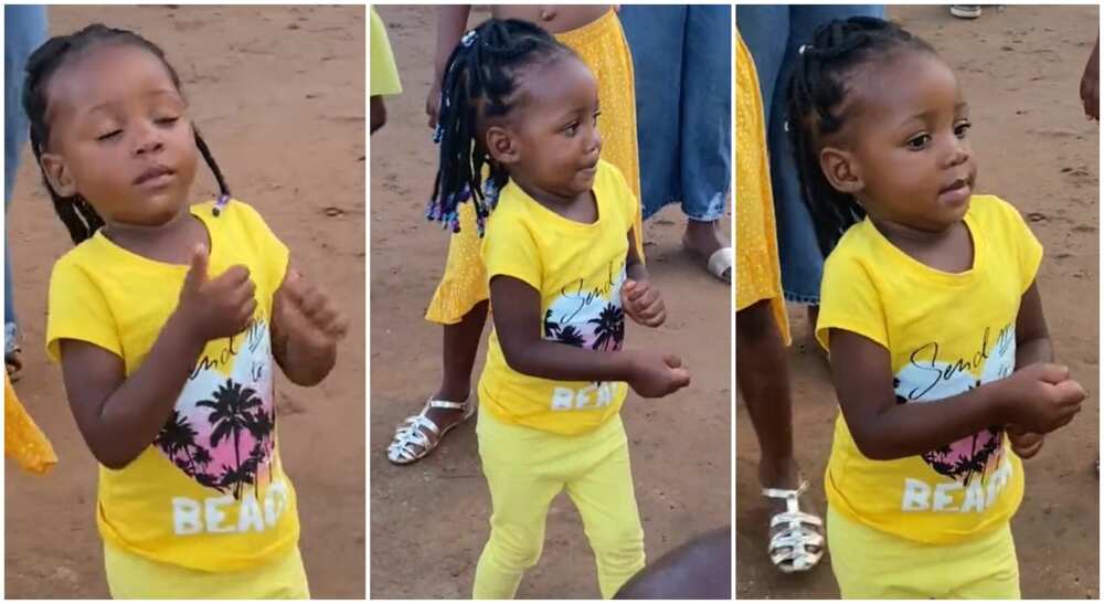 Photos of a baby girl in yellow dress dancing in public.