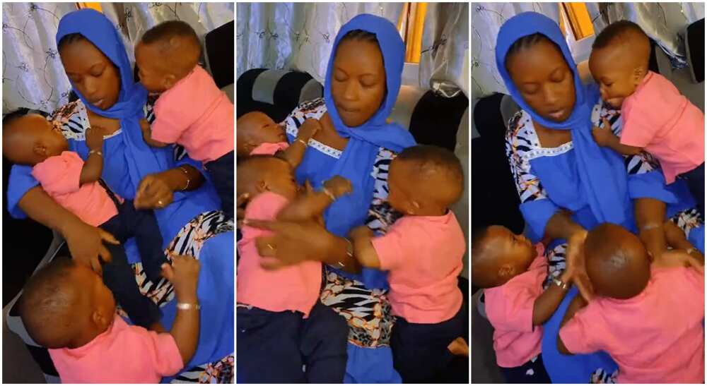 Photos of a mother and her triplets.