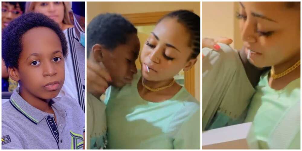 Sweet moment billionaire wife Regina Daniels stunned step son with a MacBook birthday gift in adorable video