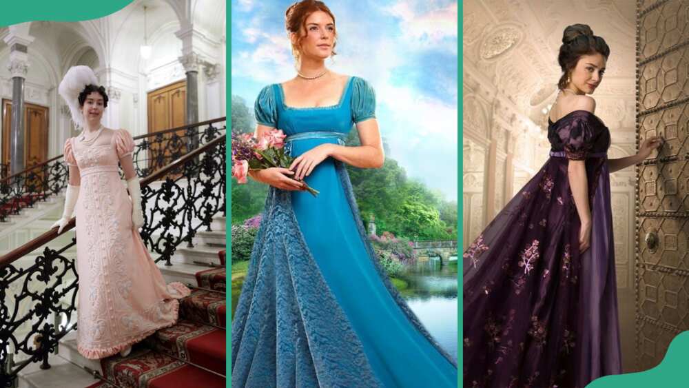 Peach gown (L), blue gown (C) and purple (R)empire ball gown