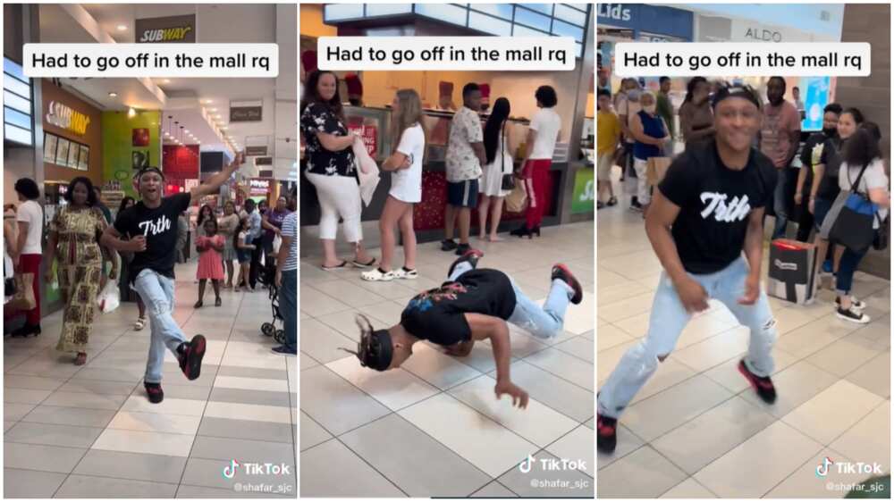 Dancing in public/shoppers in a mall.