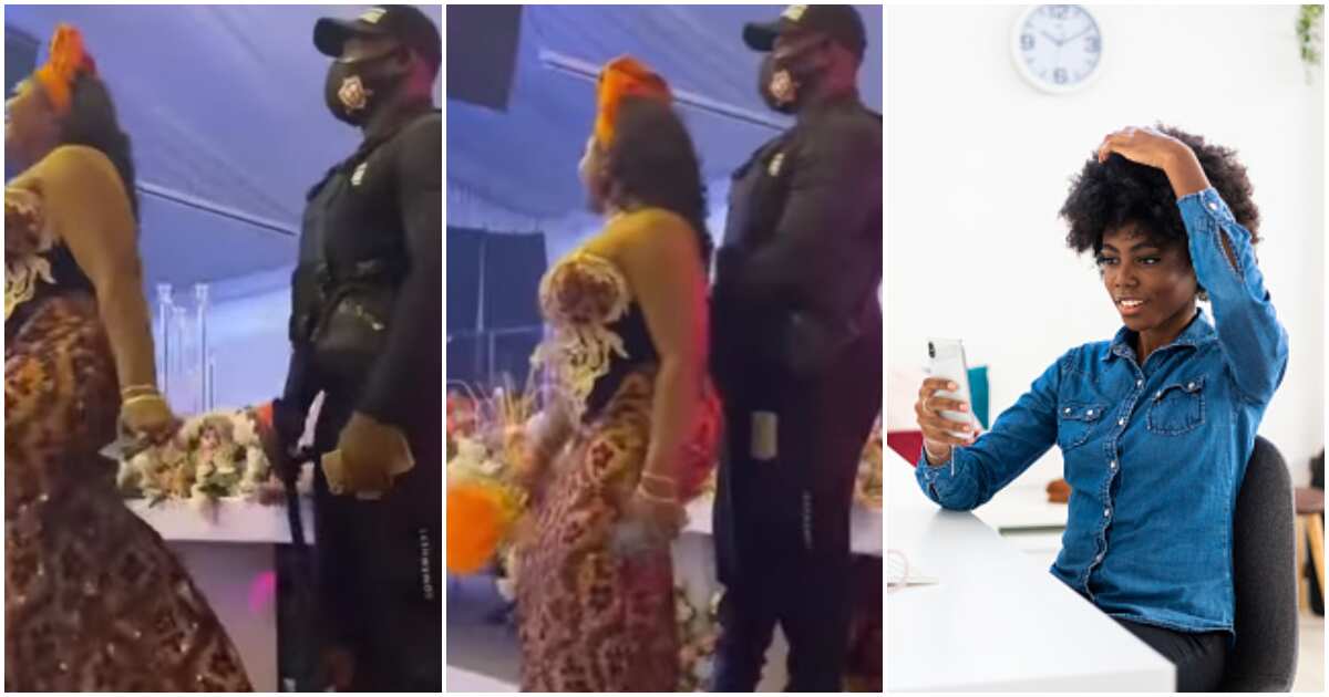 Bouncer stands like a robot as female guest at wedding rocked him softly with her backside, video goes viral