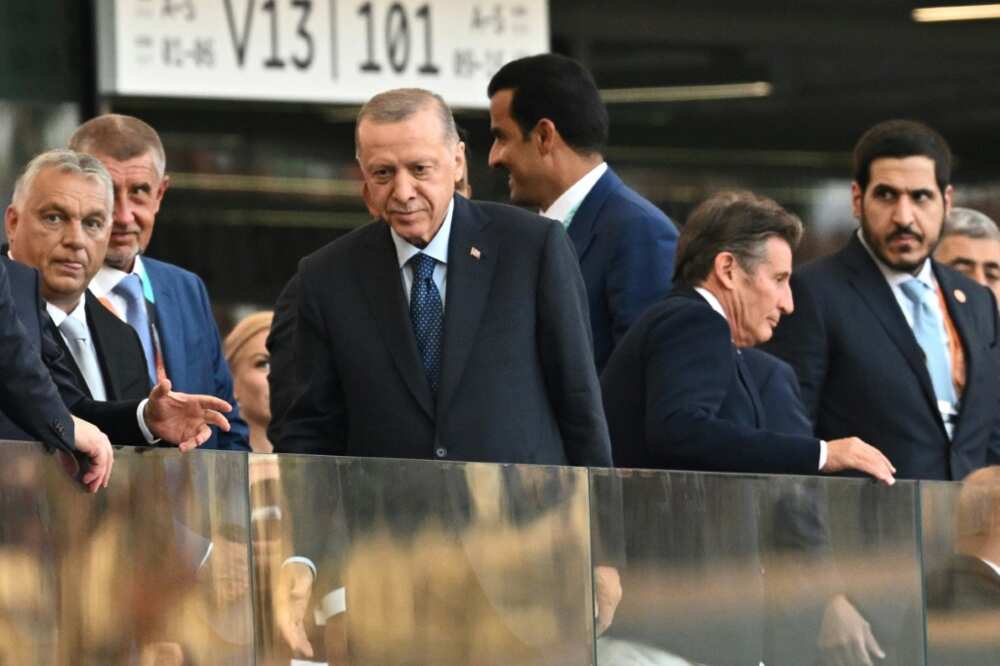 Erdogan (centre) joined Orban and other dignitaries at the World Athletics Championships in Budapest