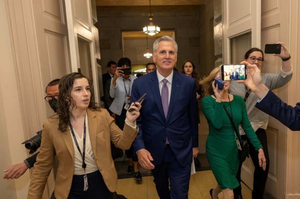 US Speaker of the Home Kevin McCarthy is followed by participants of the media in the Capitol on April 26, 2023 US Speaker of the Home Kevin McCarthy is followed by participants of the media in the Capitol on April 26, 2023