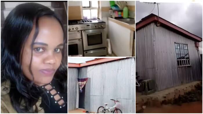 Lady uses roofing sheets to build house, video of interior decor with clean walls stirs reactions