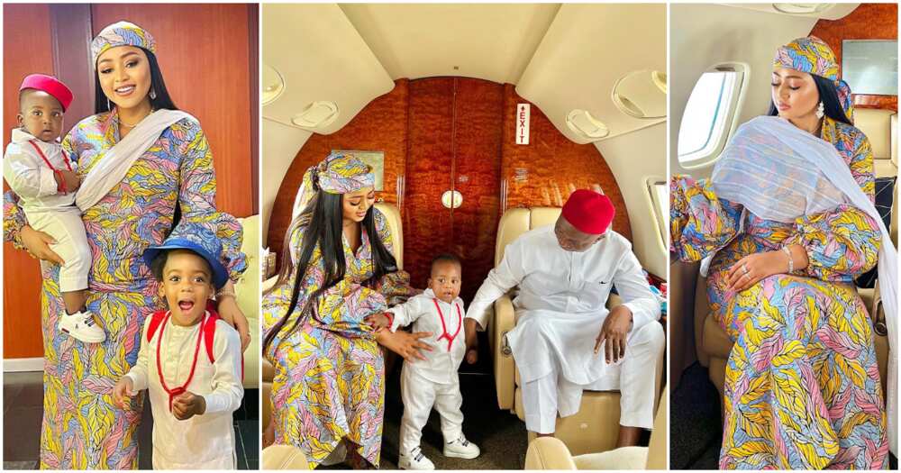 Regina Daniels and Ned Nwoko with kids in private jet.