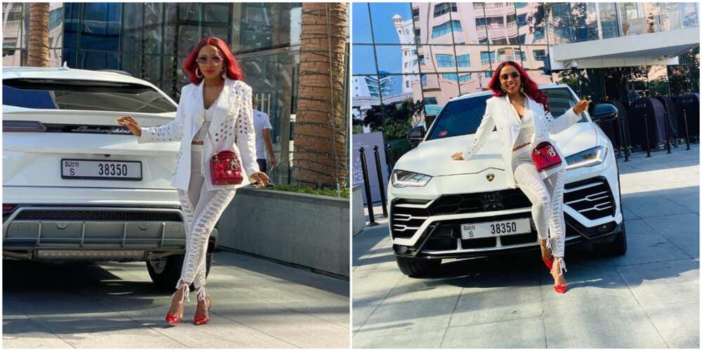 BBNaija's Mercy stuns in all-white outfit, poses with Lamborghini ride in Dubai