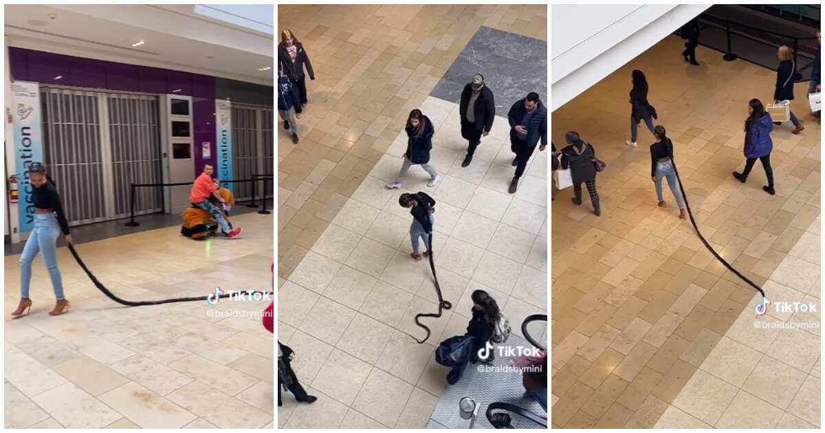 Lady in heels causes stir with her long braids sweeping the floor, shocks Oyinbos in viral video