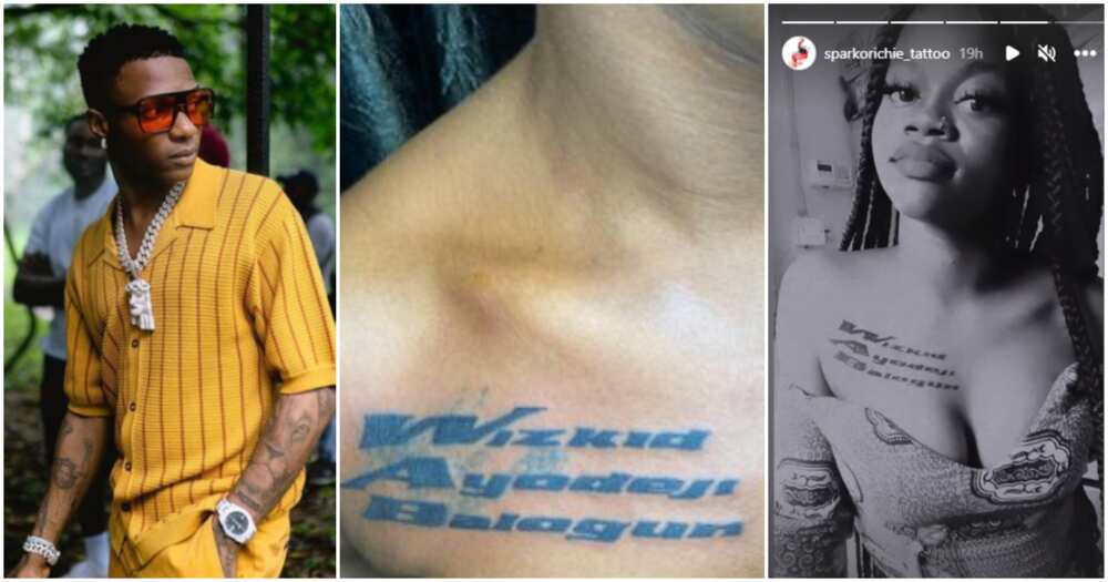 Wizkid's fan tattoos his full name on her chest.