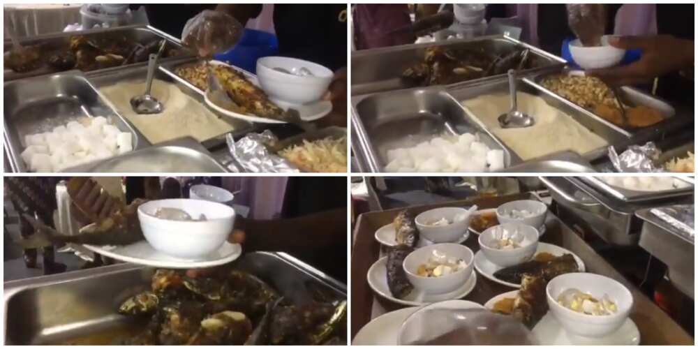 Garri, peppered fish, groundnut and ice-cubes served at trendy 'owambe' function, Nigerians react