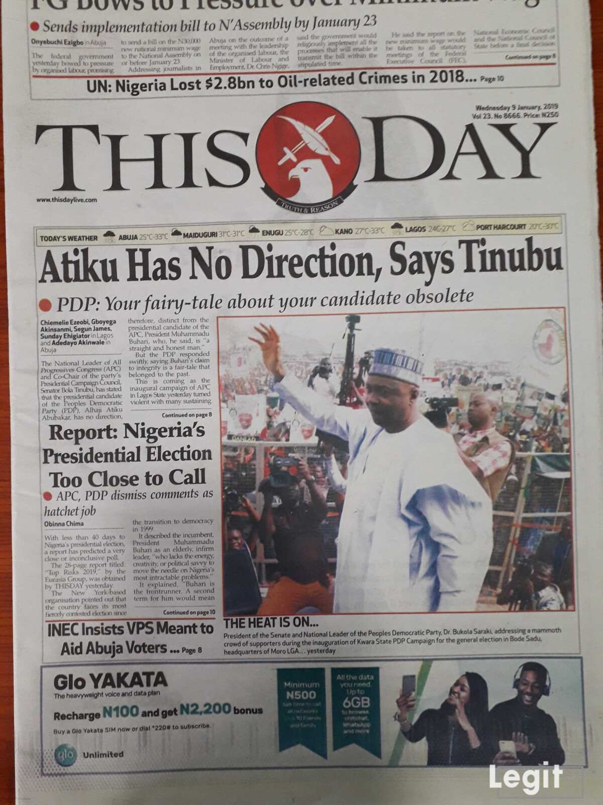 This Day newspaper for Wednesday, January 9. Credit: Legit.ng