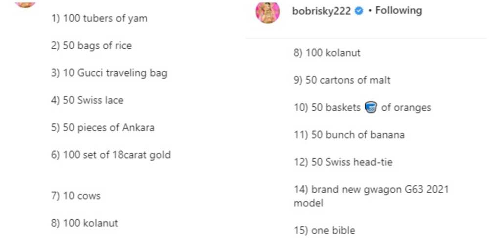 10 cows, 100 Set of 18 Karat Gold: Nigerian Crossdresser Bobrisky Shares His 'Bride Price List'