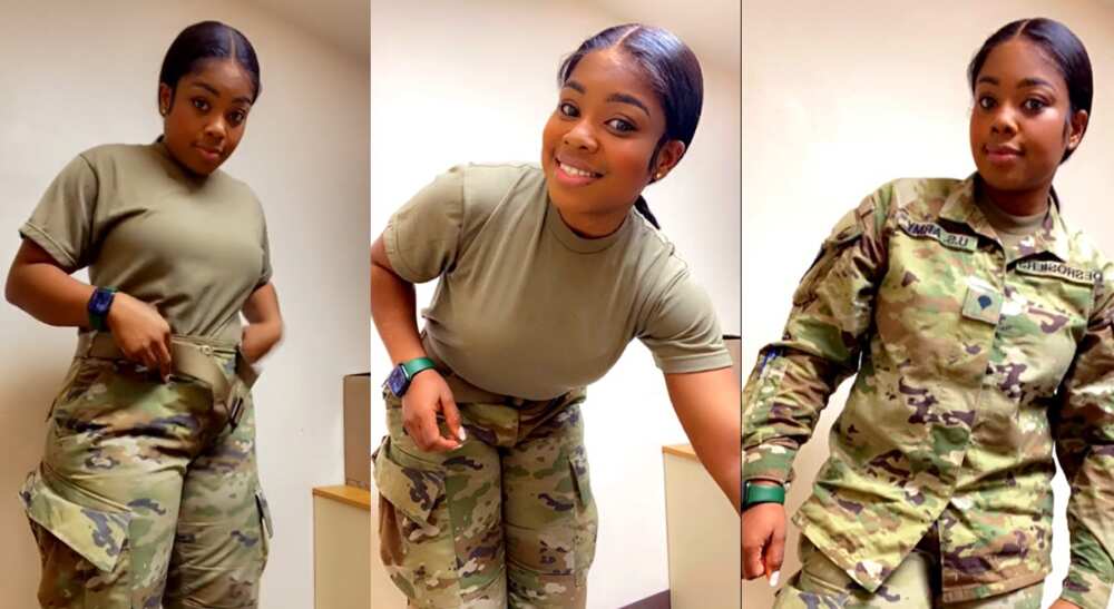 Photos of a female soldier dressing up for work.