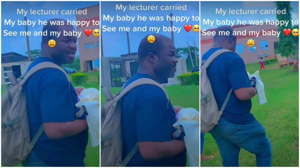 lecturer gleefully carrying his student's baby after meeting them