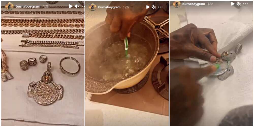 Burna Boy Flaunts Jewellery Collection on Social Media, Shares Video as He Washes Them Clean