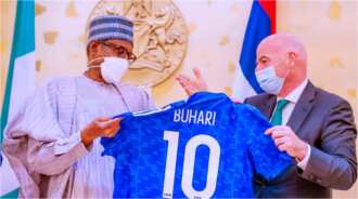 President Buhari Receives Customized Shirt From FIFA President Gianni Infantino President Buhari Receives Customized Shirt From FIFA President Gianni Infantino