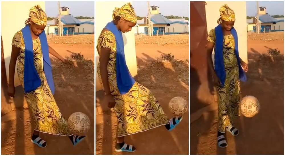 Photos of a lady in native wrapper playing football.