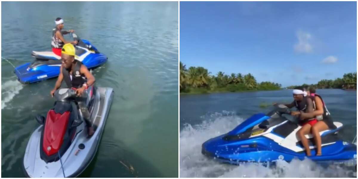 Sweet reactions as Wizkid and his baby mama Jada P go on jet-skiing adventure in Ghana